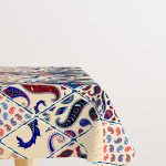 Krem Mavi Etnik Motif Desenli Dijital Baskılı Masaörtüsü CGH613-MS