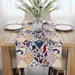 Krem Mavi Etnik Motif Desenli Dijital Baskılı Runner CGH613-RN