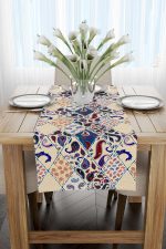 Krem Mavi Etnik Motif Desenli Dijital Baskılı Runner CGH613-RN