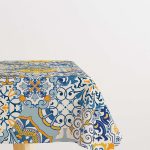 Mavi Sarı Vintage Retro Desenli Dijital Baskılı Masaörtüsü CGH614-MS