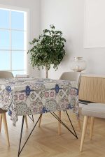 Krem Lacivert Vintage Retro Desenli Dijital Baskılı Masaörtüsü CGH617-MS - Görsel 2