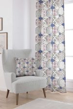 Krem Lacivert Vintage Retro Desenli Dijital Baskılı Perde CGH617-PR