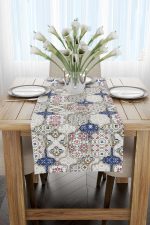 Krem Lacivert Vintage Retro Desenli Dijital Baskılı Runner CGH617-RN