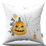 Turuncu Halloween Balkabağı Desenli Dijital Baskılı Kırlent Kılıfı CGH741