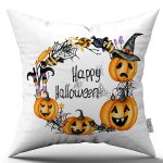 Turuncu Halloween Balkabağı Desenli Dijital Baskılı Kırlent Kılıfı CGH754