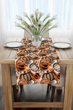 Turuncu Halloween Balkabağı Desenli Dijital Baskılı Runner CGH755-RN - Görsel 2