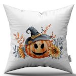 Turuncu Halloween Balkabağı Desenli Dijital Baskılı Kırlent Kılıfı CGH757
