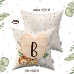 Krem Yeşil Puantiyeli Bohem Tarz Hayvan Figürlü Harfli Çocuk Kırlent Kılıfı HRF08-B-43X43