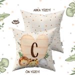 Krem Yeşil Puantiyeli Bohem Tarz Hayvan Figürlü Harfli Çocuk Kırlent Kılıfı HRF08-C-43X43