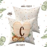 Krem Yeşil Puantiyeli Bohem Tarz Hayvan Figürlü Harfli Çocuk Kırlent Kılıfı HRF08-CC-43X43