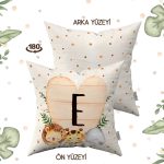 Krem Yeşil Puantiyeli Bohem Tarz Hayvan Figürlü Harfli Çocuk Kırlent Kılıfı HRF08-E-43X43