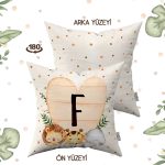 Krem Yeşil Puantiyeli Bohem Tarz Hayvan Figürlü Harfli Çocuk Kırlent Kılıfı HRF08-F-43X43