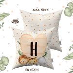 Krem Yeşil Puantiyeli Bohem Tarz Hayvan Figürlü Harfli Çocuk Kırlent Kılıfı HRF08-H-43X43