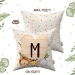 Krem Yeşil Puantiyeli Bohem Tarz Hayvan Figürlü Harfli Çocuk Kırlent Kılıfı HRF08-M-43X43