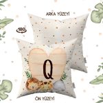 Krem Yeşil Puantiyeli Bohem Tarz Hayvan Figürlü Harfli Çocuk Kırlent Kılıfı HRF08-Q-43X43