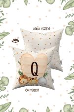 Krem Yeşil Puantiyeli Bohem Tarz Hayvan Figürlü Harfli Çocuk Kırlent Kılıfı HRF08-Q-43X43