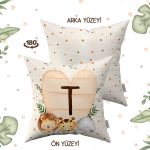 Krem Yeşil Puantiyeli Bohem Tarz Hayvan Figürlü Harfli Çocuk Kırlent Kılıfı HRF08-T-43X43
