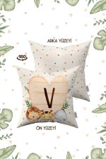 Krem Yeşil Puantiyeli Bohem Tarz Hayvan Figürlü Harfli Çocuk Kırlent Kılıfı HRF08-V-43X43