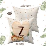 Krem Yeşil Puantiyeli Bohem Tarz Hayvan Figürlü Harfli Çocuk Kırlent Kılıfı HRF08-Z-43X43