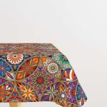 Turuncu Çok Renkli Retro Vintage Desenli Dijital Baskılı Masaörtüsü OTYK010-MS