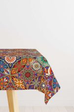 Turuncu Çok Renkli Retro Vintage Desenli Dijital Baskılı Masaörtüsü OTYK010-MS