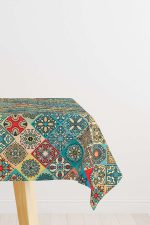 Yeşil Çok Renkli Retro Vintage Desenli Dijital Baskılı Masaörtüsü OTYK017-MS