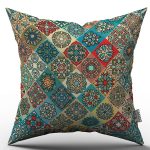 Yeşil Çok Renkli Retro Vintage Desenli Dijital Baskılı Kırlent Kılıfı  - OTYK017