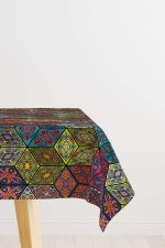 Lacivert Çok Renkli Retro Vintage Desenli Dijital Baskılı Masaörtüsü OTYK018-MS