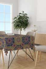 Yeşil Çok Renkli Retro Vintage Desenli Dijital Baskılı Masaörtüsü OTYK019-MS - Görsel 2