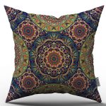 Yeşil Çok Renkli Retro Vintage Desenli Dijital Baskılı Kırlent Kılıfı  - OTYK019