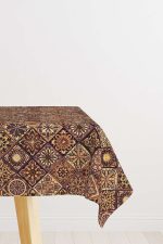 Kahverengi Sarı Retro Vintage Desenli Dijital Baskılı Masaörtüsü OTYK051-MS