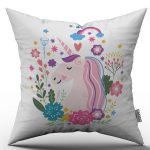 Pembe Unicorn Desenli Dijital Baskılı Çoçuk Kırlent Kılıfı  - OTYK505