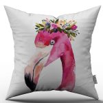 Pembe Çiçekli Flamingo Desenli Dijital Baskılı Kırlent Kılıfı  - OTYK509