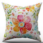 Beyaz Çok Renkli Dekoratif Çiçekli Desenli Dijital Baskılı Kırlent Kılıfı  - OTYK587