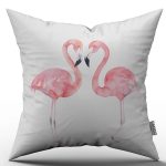 Beyaz Dekoratif Pembe Flamingo Desenli Dijital Baskılı Kırlent Kılıfı  - OTYK598