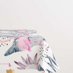 Beyaz Pembe Tropikal Flamingo Desenli Dijital Baskılı Masaörtüsü OTYK610-MS