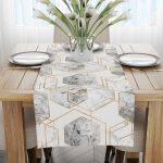 Beyaz Gri Geometrik Soyut Mermer Desenli  Dijital Baskılı Runner - YLMS90-RN